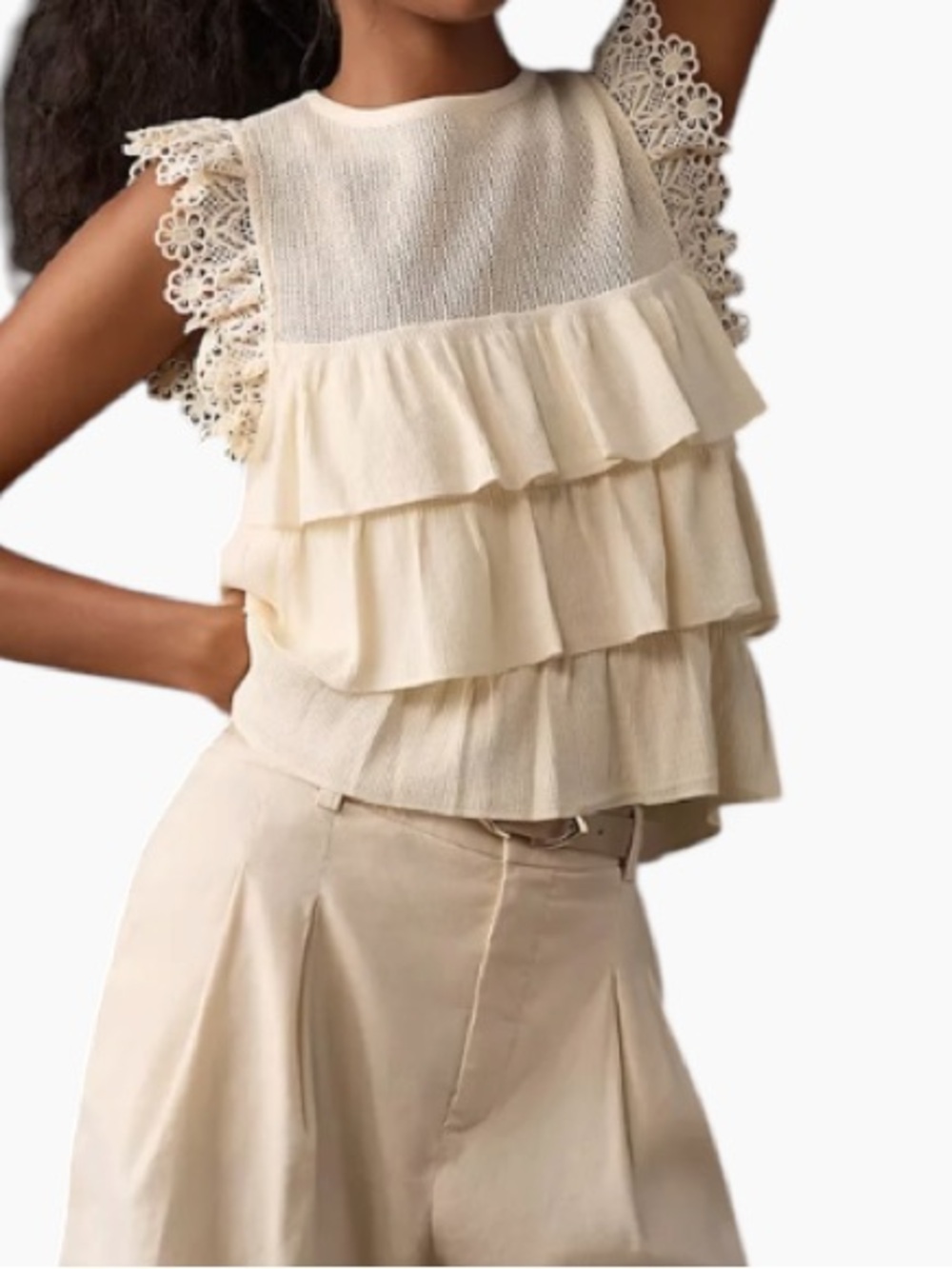 Anthropologie Cream Ruffled Lace-Sleeve Tiered Blouse
